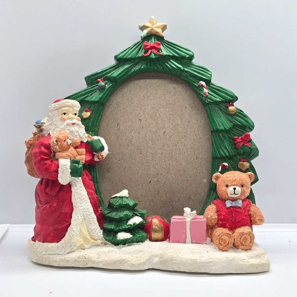 Vintage Resin Santa Christmas Tree Photo Frame 3D Teddy Bear Gifts 5"